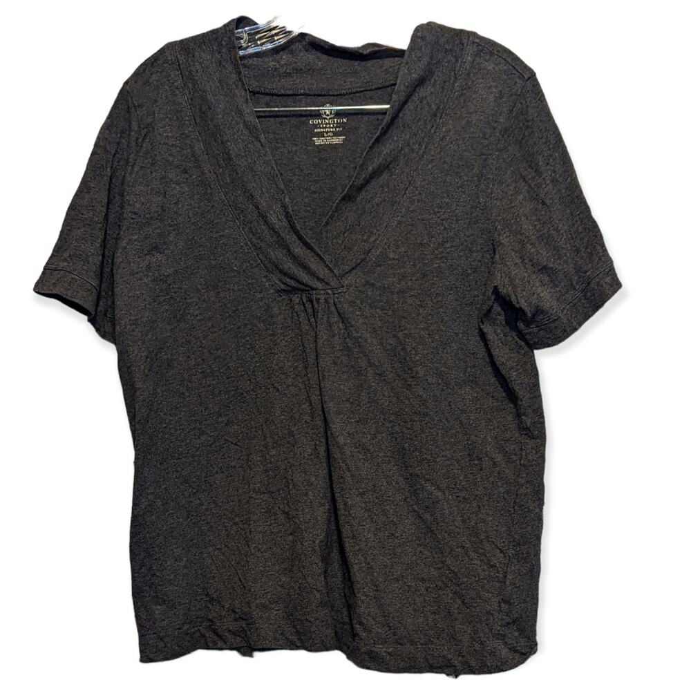Covington Sport Signature Fit Gray Deep V Cotton Short Sleeve Tee Shirt Top L